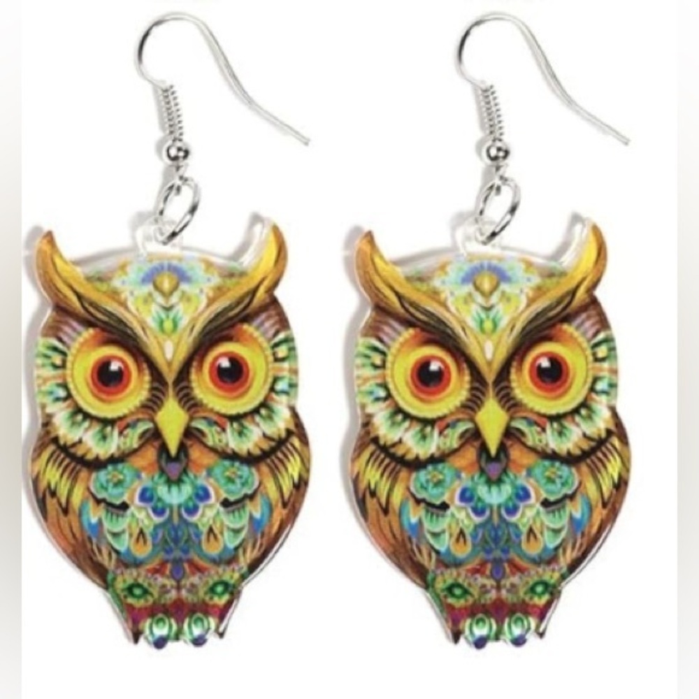 NWT - Yellow Owl Bohemian Dangle Acrylic double sided earrings set - 2 inches